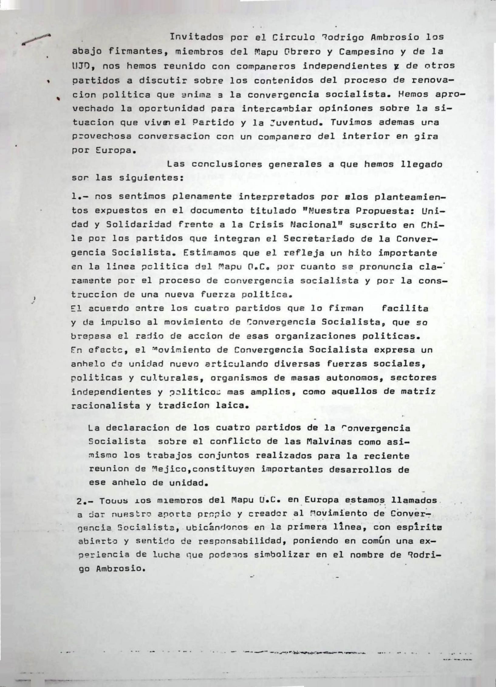 Comunicado del MAPU Obrero y Campesino en Europa