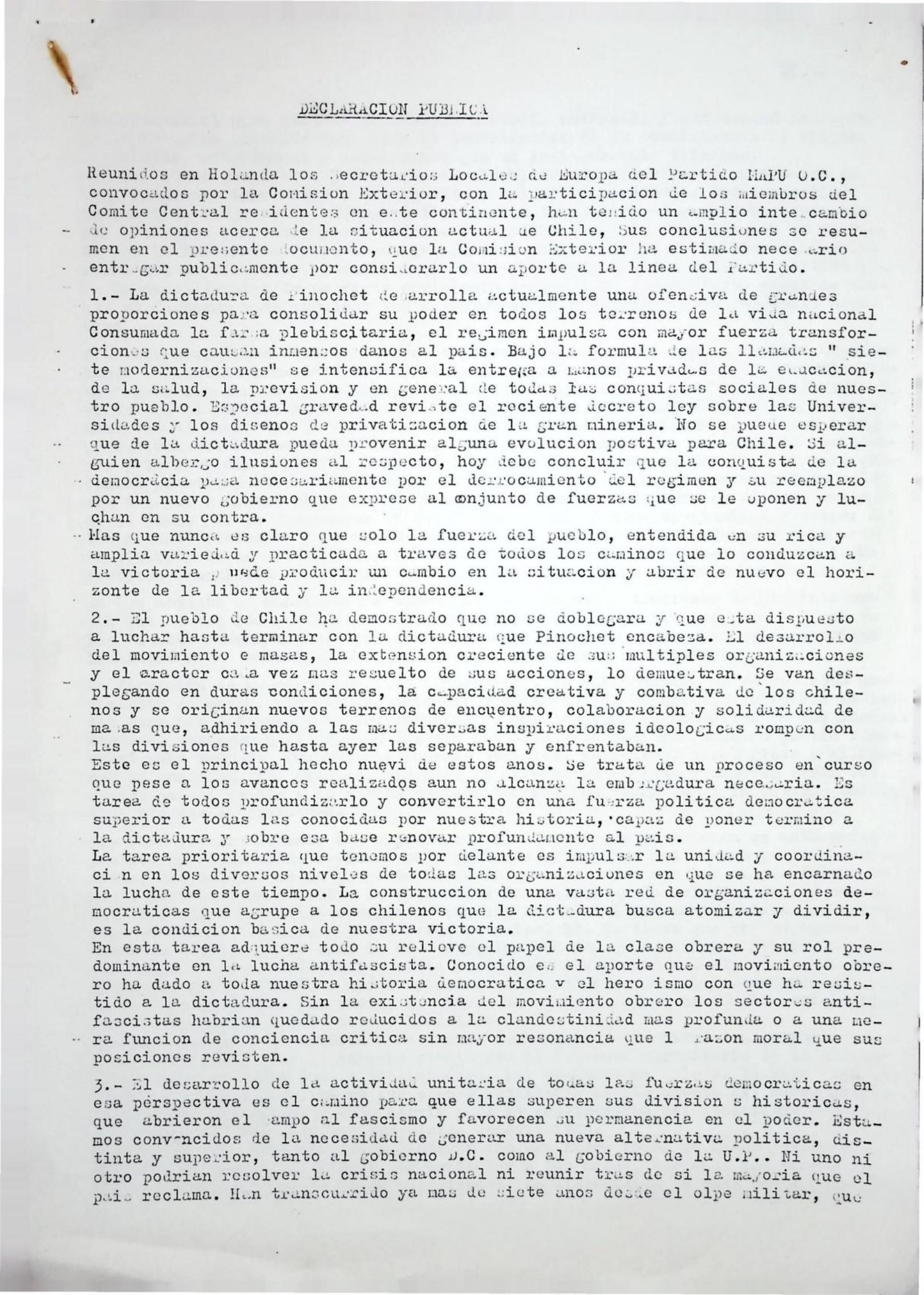 Declaración pública. Comisión Exterior del MAPU Obrero Campesino