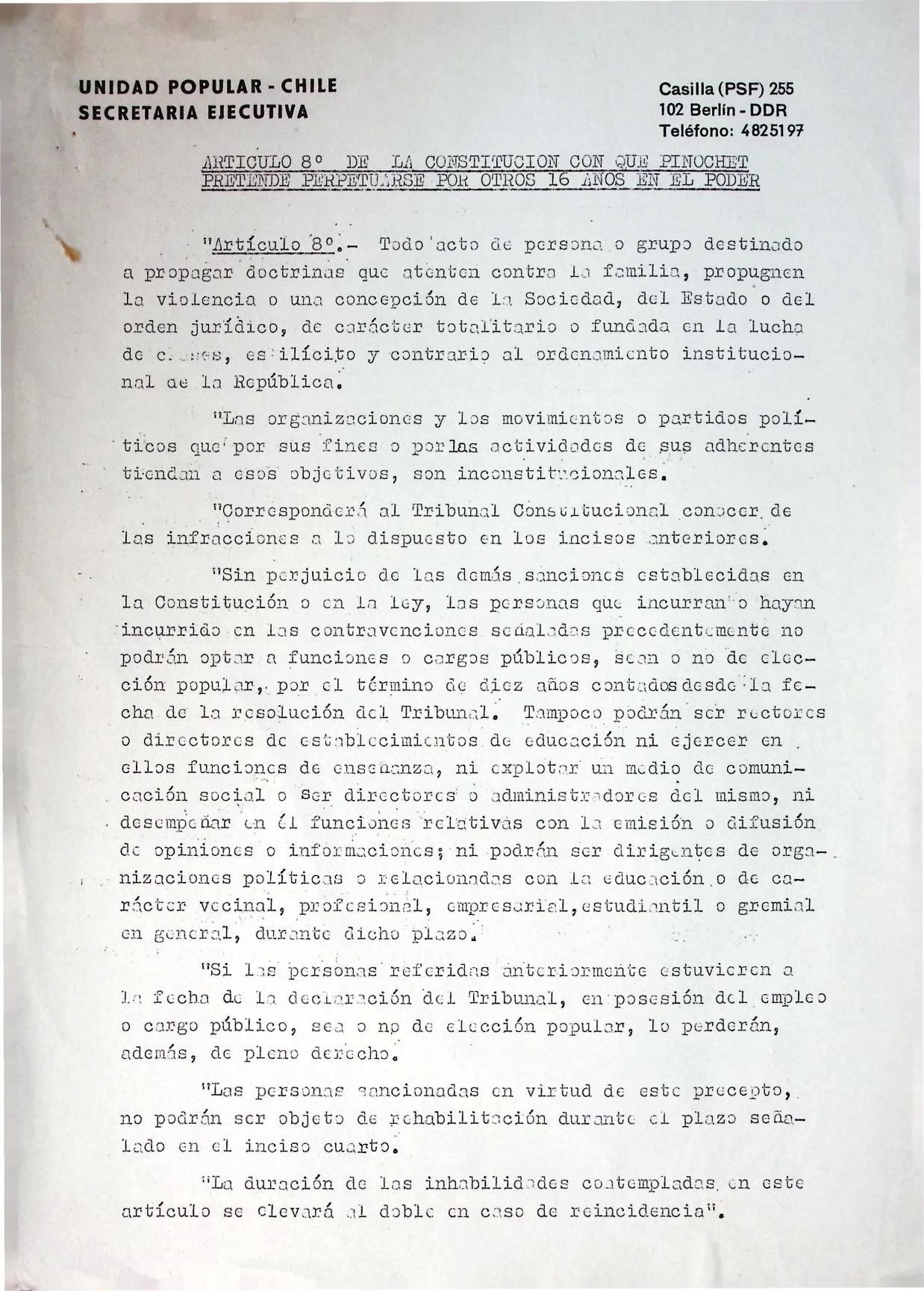 Artículo 8° de la Constitución con que Pinochet pretende perpetuarse por otros 16 años en el poder