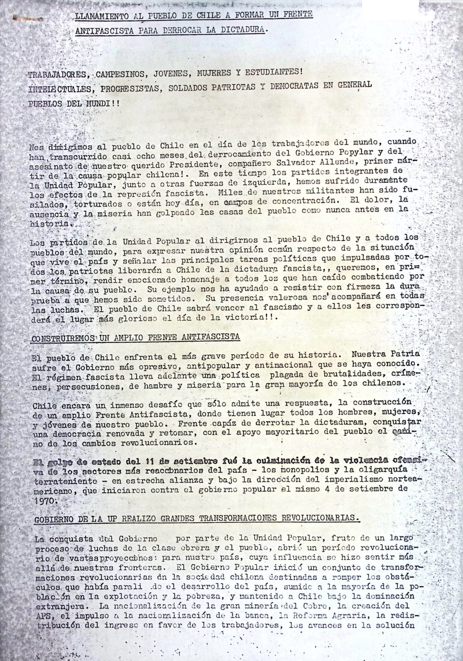 Llamamiento al pueblo de Chile a formar un frente antifascista para derrocar la dictadura