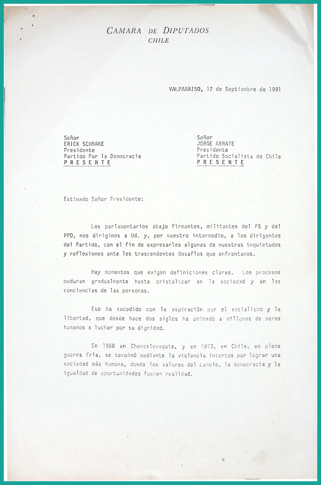 Carta de parlamentarios PS-PPD a Jorge Arrate y Erich Schnake