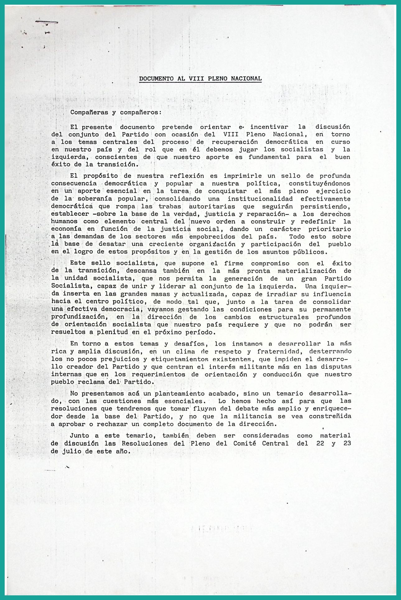 Documento al VIII Pleno Nacional